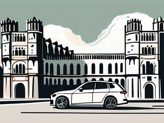 A car with an empty license plate parked in front of a recognizable trier landmark