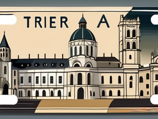 A car license plate with a scenic background representing the city of trier