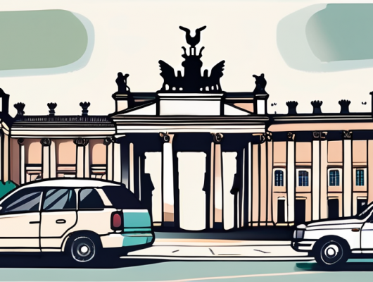 A car with an empty license plate parked in front of potsdam's recognizable landmarks like the sanssouci palace or the brandenburg gate