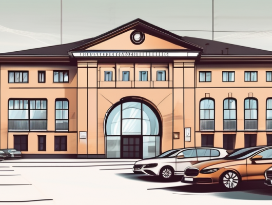 The aschaffenburg registration office building with a queue of cars outside