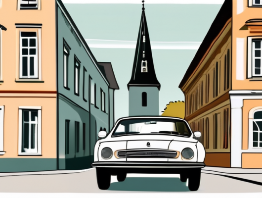 A car with an empty license plate parked in front of notable landmarks of böblingen