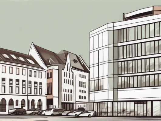 The rostock cityscape with a prominent building that represents the zulassungsstelle (vehicle registration office)