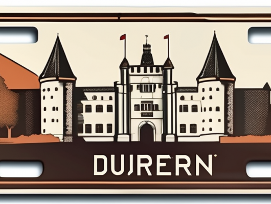 A car license plate with a stylized representation of düren's landmarks