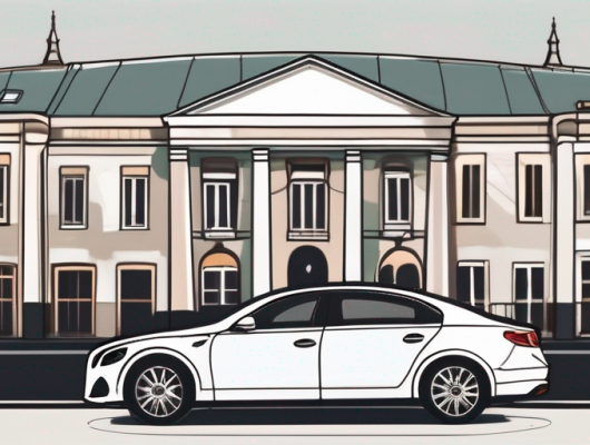 A car with a blank license plate parked in front of osnabrück's recognizable landmarks