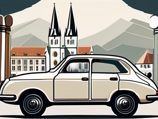 A car with an empty license plate parked in front of recognizable landmarks of oldenburg