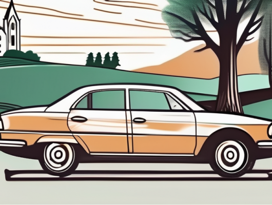 A car with a blank license plate parked in a picturesque landscape of augsburg county