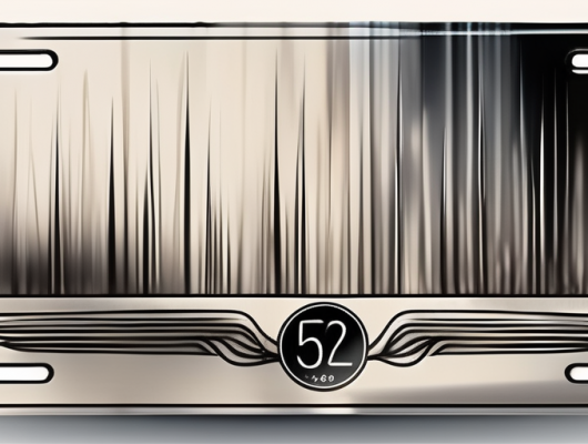 A black european license plate with blurred numbers and a set of scales symbolizing justice in the background