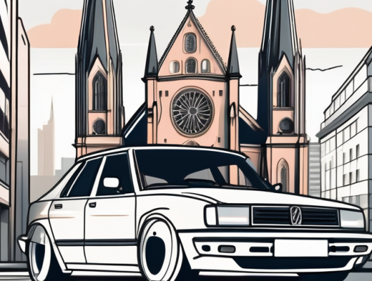 A car with a blank license plate parked near recognizable frankfurt landmarks like the römer and the frankfurt cathedral