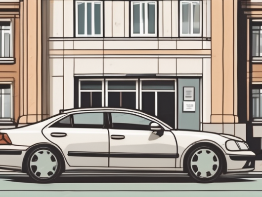 A car with an empty license plate parked in front of a building that represents the göttingen registration office