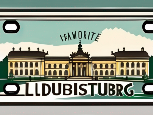 A car license plate with the silhouette of ludwigsburg landmarks in the background