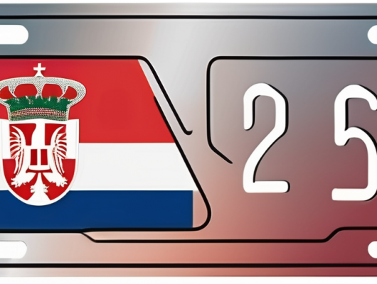 A car license plate with the colors and design elements of the serbian flag