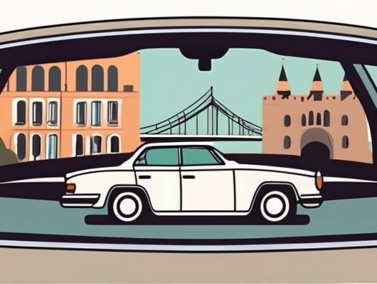 A car with a blank license plate parked in front of recognizable saarbrücken landmarks like saarbrücken castle or the old bridge