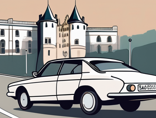 A car with a blank license plate parked in front of recognizable landmarks of saarbrücken