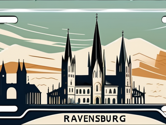 A vehicle license plate with a ravensburg landmark in the background