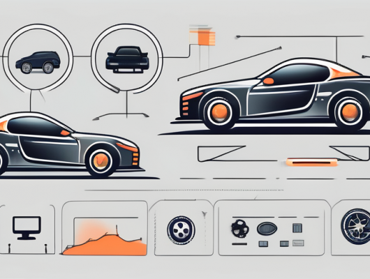 A car in pristine condition with various icons representing maintenance and upgrades such as new tires