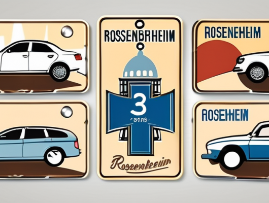 Various car license plates with distinctive bavarian elements and landmarks of rosenheim in the background