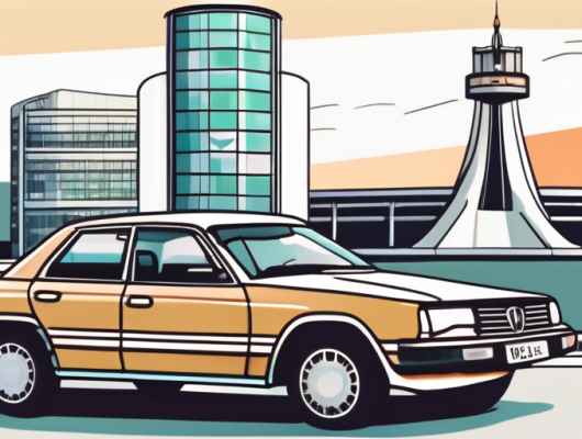 A car with a blank license plate parked in front of iconic dortmund landmarks