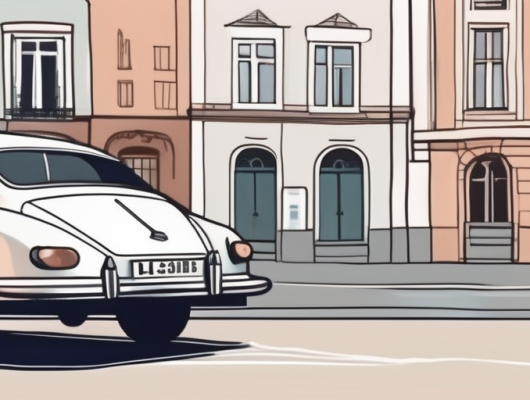 A car with an empty license plate parked in front of recognizable rosenheim landmarks