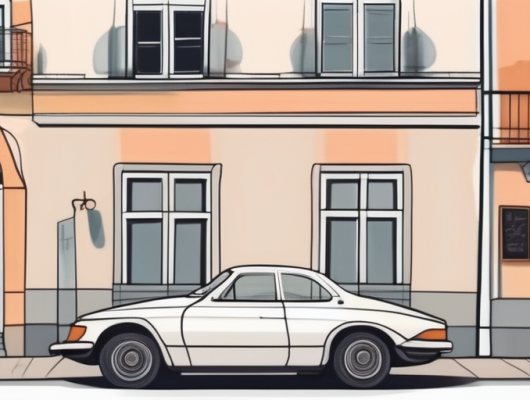 A car with a blank license plate parked in a picturesque ravensburg street