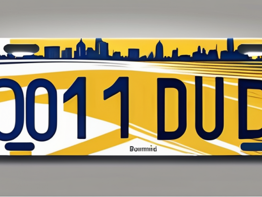 A vehicle license plate with a stylized silhouette of dortmund's cityscape in the background