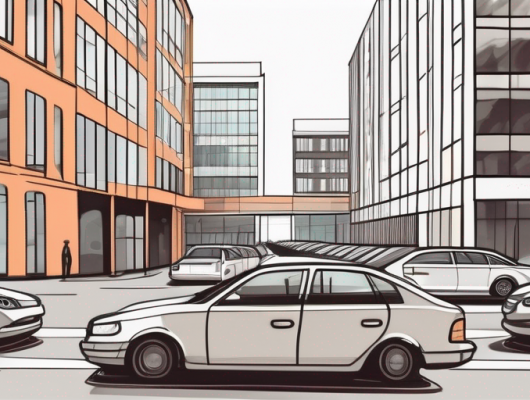 The neuss cityscape with the straßenverkehrsamt building in the foreground