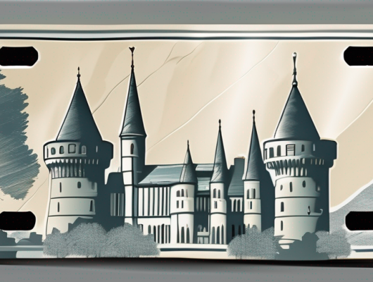 A car license plate with a castle silhouette (representing detmold's iconic hermannsdenkmal) in the background