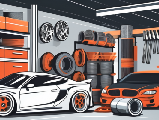 A variety of car parts such as exhausts