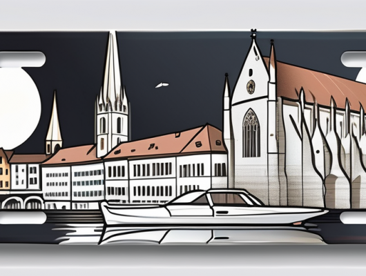 A car license plate with a scenic backdrop of konstanz city landmarks like the konstanz minster and the lake constance