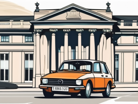 A car with an empty license plate parked in front of recognizable landmarks of neuss