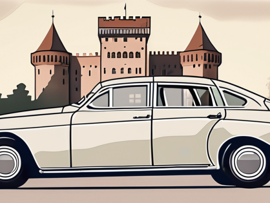 A car with a blank license plate parked in front of wolfenbüttel's iconic landmarks