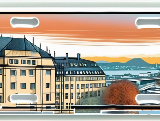 A car license plate with a blurred background of the cityscape of koblenz