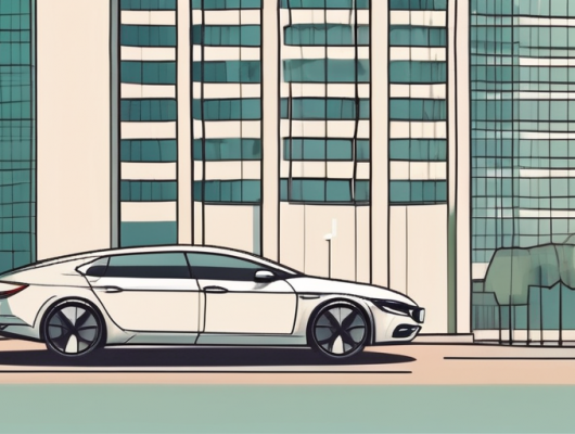 A car with a blank license plate parked in front of recognizable dortmund landmarks