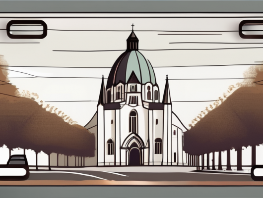 A car with a blank license plate parked near a recognizable trier landmark