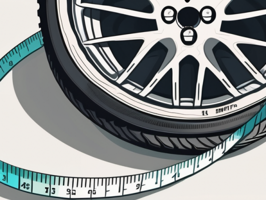 A car tire with a measuring tape extended across its width