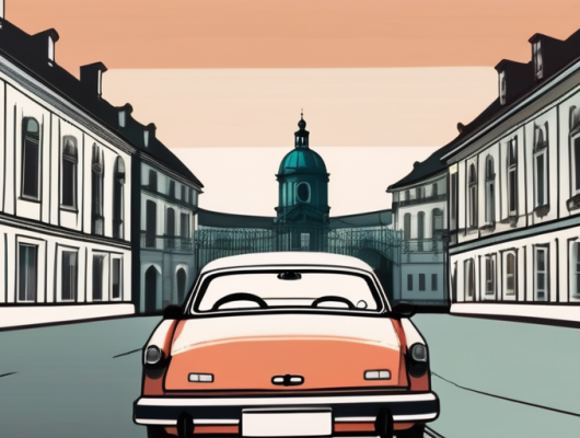 A car with a blank license plate parked in front of iconic würzburg landmarks like the würzburg residence or the old main bridge