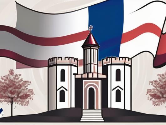 The serbian flag waving in the wind with symbolic elements of serbian culture such as a traditional musical instrument called gusle