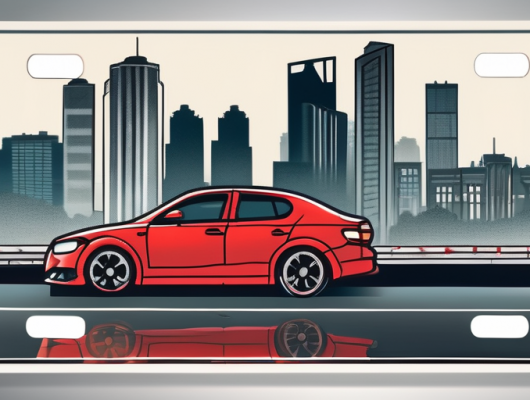 A car's license plate with a red sticker on it