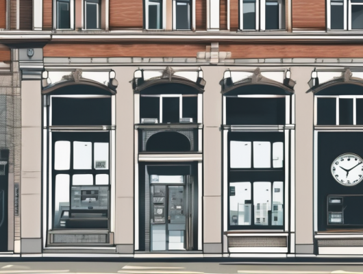 The exterior of the straßenverkehrsamt detmold building with a clock showing opening hours and various communication devices like a telephone and computer