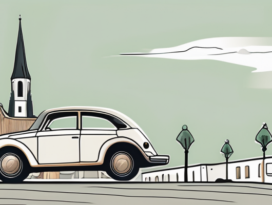 A car with a blank license plate parked in front of iconic landmarks of osnabrück land