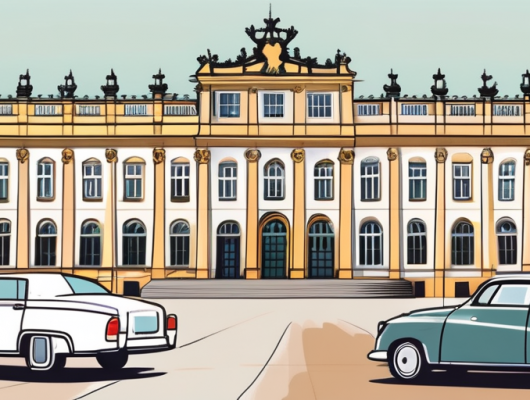 A car with a blank license plate parked in front of iconic landmarks of ludwigsburg
