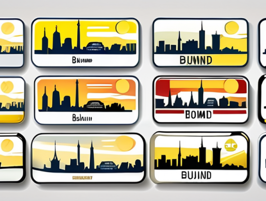 A variety of car license plates with the dortmund city skyline in the background
