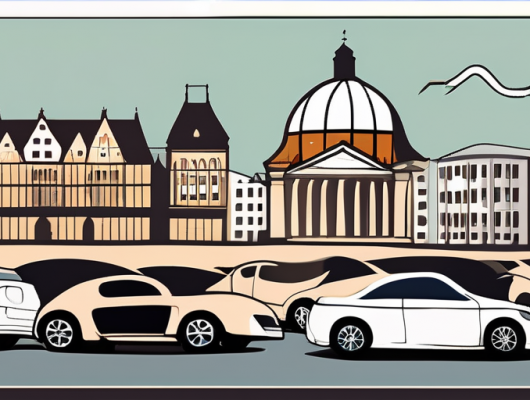 Various cars with aschaffenburg city landmarks in the background