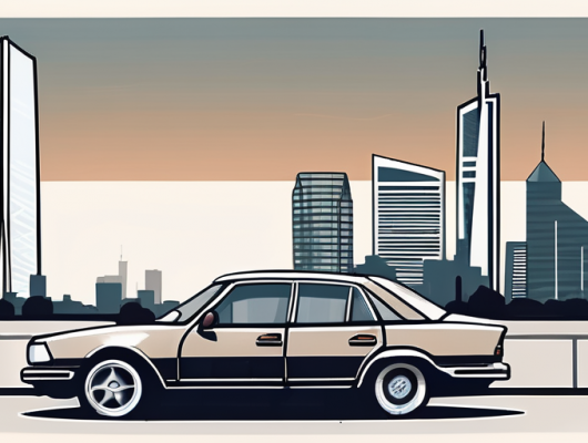 A car with a blank license plate parked in front of recognizable frankfurt landmarks