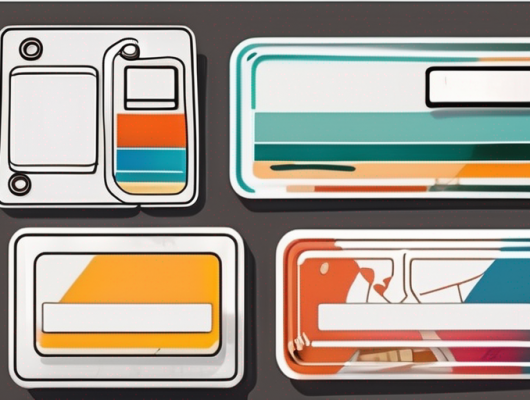 Several license plates with colorful stickers on them