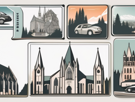 A variety of car license plates scattered across a backdrop of bergisch gladbach's notable landmarks