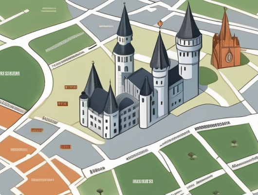 Various types of vehicle license plates scattered on a map of moers