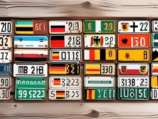Vintage german license plates arranged on a rustic wooden background