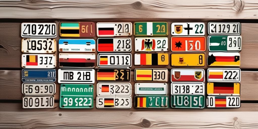 Vintage german license plates arranged on a rustic wooden background