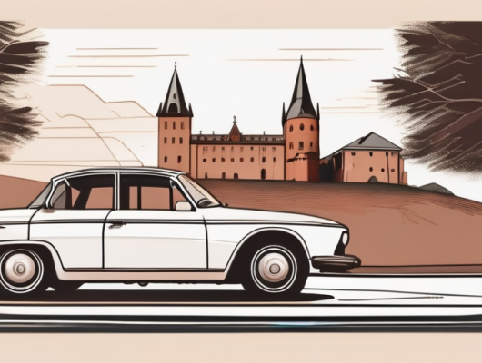 A car with a blank license plate parked in front of recognizable landmarks of aschaffenburg city