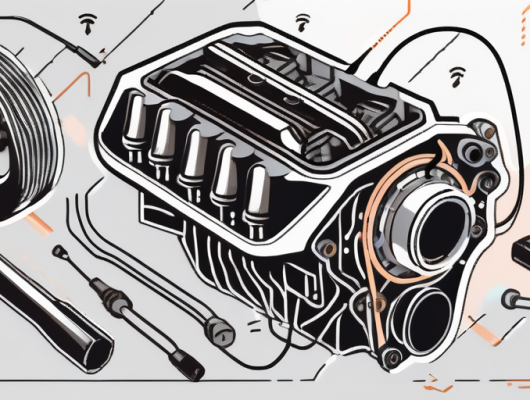A car engine opened up with various tuning tools around it